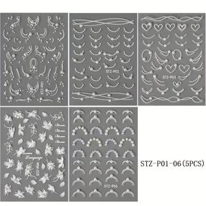 TEMU 【인기 선택】 5개 세트 우아한 진주 프렌치 네일 아트 스티커 - 5D 엠보싱 꽃 & 디자인, 여성 및 소녀용 자체 접착 아크릴 데칼, 3D, 네일 액세서리|네일|네일아트|네일스티커