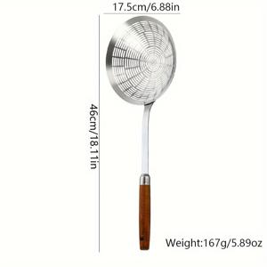 TEMU 1개 304 스테인리스 스틸 스키머, 나무 손잡이 - 국수, 만두용 딥프라이 & 거름망 큰 국자 | 냄비 및 주방용 방열 메쉬 체