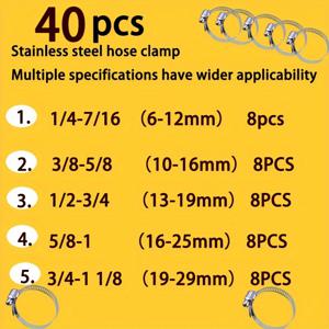 TEMU 40개 스테인리스 스틸 웜 기어 호스 클램프 키트, 금속 라운드 페룰 호스 클램프, 1/4
