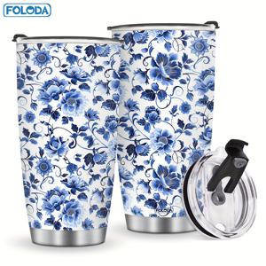 TEMU 【절연 음료용기】 Foloda 20oz 블루 플로랄 스테인리스 텀블러 - 이중벽 진공 절연 여행용 머그, 투명 뚜껑과 빨대 포함, 생일, , 크리스마스에 여성, 엄마, 할머니에게 이상적인 선물 - 손세척 전용, 절연 음료병