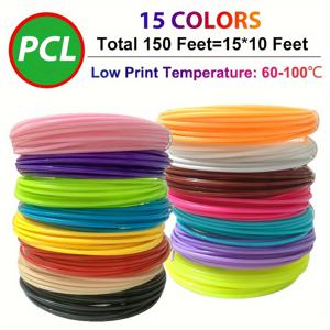 TEMU PCL 15색 3D 펜 PCL 필라멘트 리필, 각 색상 10피트(118.11인치), 총 150피트(1771.65인치), 1.75mm PCL 3D 펜 필라멘트 15가지 색상, 랜덤 색상, 저온도, 인쇄 온도: 60°C-100°C