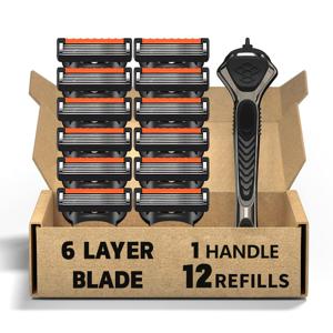 TEMU 1개 맨즈 수동 면도기 세트 - 6층 안전 면도기, 1개 손잡이 및 12개 재충전 가능한 금속 블레이드 포함, 수염 및 콧수염 관리용 - 부드러운 면도 경험을 위한 사용 및 청소 간편
