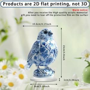 TEMU 빈티지 스타일, 매력적인 파란색 & 흰색 도자기 새 아크릴 조각상 - 2D, 5.9x3.14인치 | 집, 사무실, 또는 카페 장식에 완벽 | 크리스마스 및 야외 정원 장식에 이상적