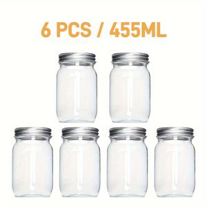 TEMU 4개/6개/455ml 플라스틱 메이슨 자리 뚜껑이 있는 밀봉 용기, 재사용 가능한 저장 용기, 오트밀, 음료, 꿀, 향신료, 요리용 기름, 주방 가정용 빈 병 알루미늄 뚜껑