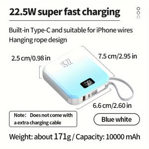 TEMU 10000mAh 미니 휴대용 파워 뱅크, 22.5W 고속 충전, LED 디스플레이-비상 백업 배터리, SamSung Xiaomi iPhone6/7/8/10/11/12mini/13/14/15promax+X/XS/XR/Pro Max/pro에 적용 가능 다기능 케이블 내장 라인 타입|보조배터리|보조배터리20000