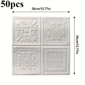 TEMU 50장 세트, 3D 로마 조각 스타일 자체 접착식 벽 타일, 방수 폼 벽 패널, 다용도 플라스틱 사각형 장식 주방, 거실, 욕실, 가정 및 기숙사용 - 쉬운 설치 횡 방향