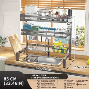 TEMU 2단 탄소강 식기 건조대 - 배수판, 주방용품 홀더 및 도마 보관함이 있는 다기능 주방 정리대 - 슬림한 블랙/그레이