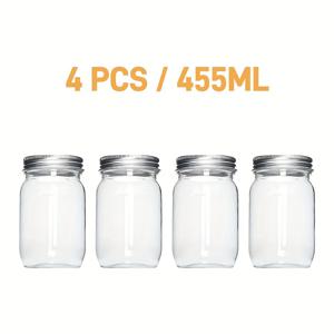 TEMU 4개/6개/455ml 플라스틱 메이슨 자리 뚜껑이 있는 밀봉 용기, 재사용 가능한 저장 용기, 오트밀, 음료, 꿀, 향신료, 요리용 기름, 주방 가정용 빈 병 알루미늄 뚜껑