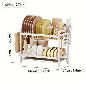 TEMU 2단 식기 건조 랙, 물받이판 및 3개의 후크, 대용량 다기능 금속 및 플라스틱 주방 정리함, 수저함 및 도마 홀더가 있는 조리대 식기 보관함|식기건조기