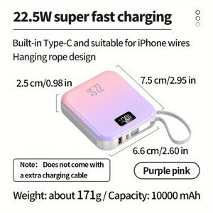 TEMU 10000mAh 미니 휴대용 파워 뱅크, 22.5W 고속 충전, LED 디스플레이-비상 백업 배터리, SamSung Xiaomi iPhone6/7/8/10/11/12mini/13/14/15promax+X/XS/XR/Pro Max/pro에 적용 가능 다기능 케이블 내장 라인 타입|보조배터리|보조배터리20000