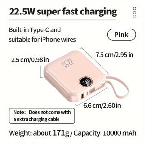 TEMU 10000mAh 미니 귀여운 휴대용 포켓 사이즈 PD20W/22.5W 초고속 충전 파워 뱅크, 여행용, 삼성, 샤오미, 아이폰6/7/8/10/11/12mini/13/14/15promax+X/XS/XR/Pro Max/pro에 적용 가능 다기능 케이블 내장 라인 타입클린