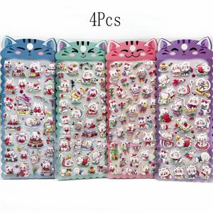 TEMU 4pcs Whimsy Cat Pattern 3D 자체 접착 스티커, 판타지 주제 자수 PVC, 광택 있는 마감, 비정형 모양, 유리 표면 장식용