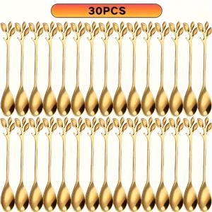 TEMU 30개入り 골든 리프 커피 스푼 세트, 스테인리스 스틸 미니 디저트 스푼, 우아한 티스푼 식기 세트 디저트, 음료, 스무디 - 가정 및 카페 사용, 크리스마스, 할로윈, 부활절, 하누카, 성 패트릭의 날