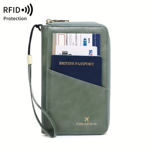 TEMU MIYIN RFID 차단 여행 지갑, 손목 끈과 조절 가능한 끈이 있는 더블 지퍼, 대용량 인조 가죽 여권 보관함, 다기능 티켓 및 신용 카드 폴더, 랜덤 프린트, 블랙, 인조 가죽, 폴리에스터 안감, 지퍼 포켓, 현대적인 스타일