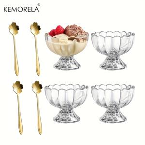 TEMU 4/6pcs KEMORELA 전자 레인지 안전 유리 디저트 그릇 스푼 포함, 5 oz 튤립 모양 꽃 패턴 서빙 접시, 투명 유리 디저트 세트