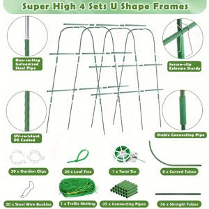 TEMU 야외 정원 아치형 프레임, 군용 녹색 금속 및 PE 정원 아치형 트렐리스 키트 세트, 자외선 방지 그물 포함 - 오동, 호박, 포도 나무에 적합한 견고한 등반 식물 지지대 - U자형 프레임 4개, 클립, 와이어 버클, 타이 및 안전 클립 커넥터 포함, 분해 모델 길이 160cm/63인치