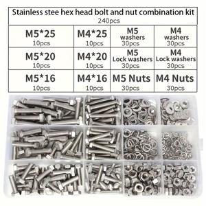 TEMU 240개 스테인리스 스틸 헥스 볼트 & 너트 세트 - 내구성 있고 부식 방지, M4 & M5 사이즈, 전체 스레드 & 와셔, 기계적 적용에 적합