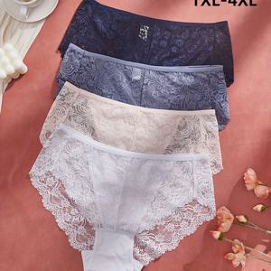 TEMU 4PCS 플러스 사이즈 여성 하이웨이스트 브리프 - 레이스 디테일, 단색, 폴리아마이드 블렌드, 하이 스트레치, 편안한 니트 원단 란제리 속옷 세트