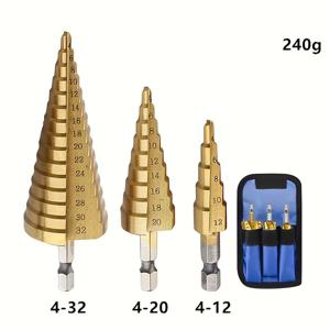 TEMU 목재 및 금속용 3피스 티타늄 코팅 고속 강철 스텝 드릴 비트 세트 - 정밀한 힌지 및 테이퍼드 홀 생성 키트, 내구성 있는 보관 케이스 포함, 사이즈 4-32mm