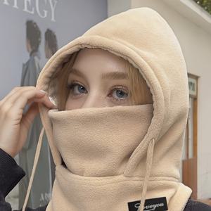 TEMU 1pc CozyWarm 여성용 폴리에스테르 후드 스카프, 통합 얼굴 마스크, 신축성있는, 방풍, 내한성, 가을 및 겨울용 원피스 디자인 - 손세척/드라이클리닝전용 가능