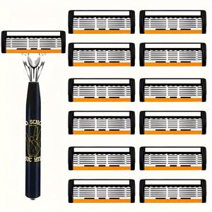 TEMU 럭셔리 남성용 안전 면도기 세트 - 쉬운 원클릭 면도날 교체, 금속 손잡이, 밀리지 않는 그립감 - 턱수염 및 콧수염 관리 - 가정 및 여행을 위한 전문적이고 편리한 개인 관리 도구 - 여러 개의 면도날 포함
