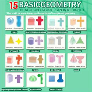 TEMU 15개 조각의 기하학 모형 세트, 3D에서 2D로 변환, 면적 관찰, 내구성 있는 PP 소재, 과학 교육을 위한 교육 보조 도구, 플라스틱, 배터리 필요 없음