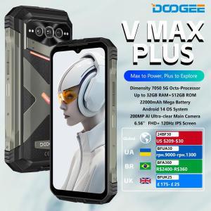 DOOGEE V Max Plus 견고한 휴대폰, 22000mAh, 36GB(16 + 20), 512GB, 200MP 카메라 휴대폰, 6.58 인치, 120