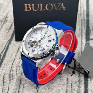 Bulova 마린 Star 자동 98A225 Men 시계 [세금포함] [정품] 화이트 다이얼 Red/블루 고무 스트랩 패션시계