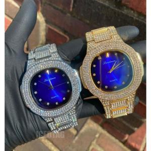 얼음TAG RELOJES HOMBRE 럭셔리 LAB 다이아몬드 얼음 BLING OUT 블루 다이얼 메탈 골드 PT 시계 [세금포함]