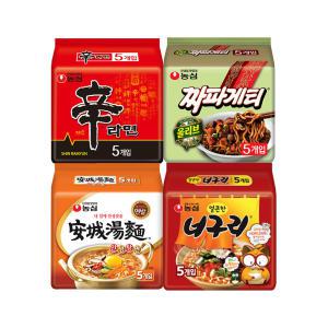 농심 신라면, 120g, 5개 + 안성탕면, 125g, 5개 + 얼큰한너구리, 120g, 5개 + 짜파게티, 140g, 5개