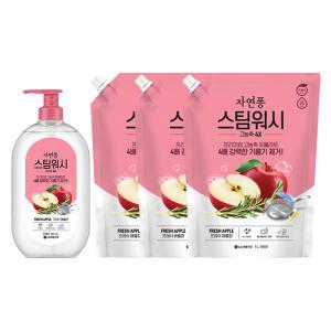 자연퐁 스팀워시 4X 주방세제 애플향 용기, 750ml, 1개 + 리필, 1L, 3개