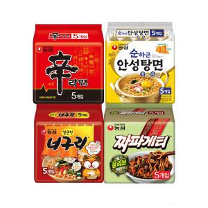 농심 순하군 안성탕면, 125g, 5개 + 신라면, 120g, 5개 + 짜파게티, 140g, 5개 + 얼큰한너구리, 120g, 5개