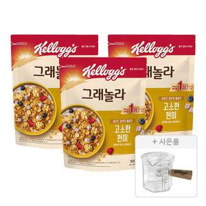 켈로그 고소한큐브 현미 그래놀라, 500g, 3개 + 증정(유리 우드핸들 계량컵, 1개)