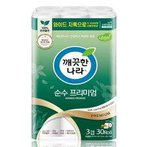 순수 프리미엄 와이드 화장지 30롤 3겹25m 두루마리 휴지 물에잘녹는 집들이 무형광