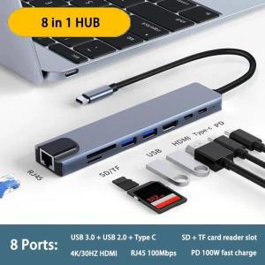 USB C 허브 스플리터, SD Tf 카드 리더 슬롯, 노트북 컴퓨터용 100W 고속 충전, 8 in 1, 4K HDMI RJ45,