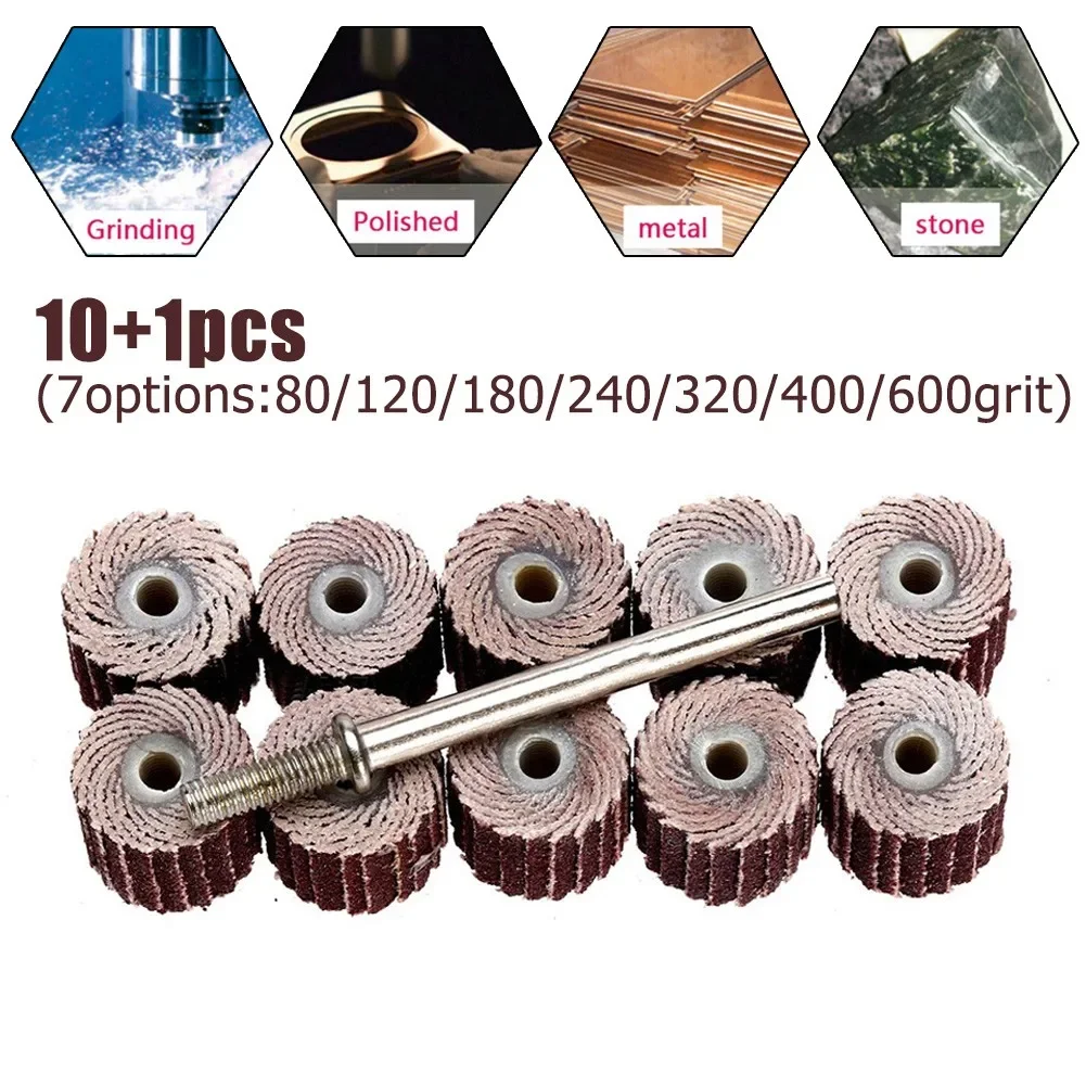 10pcs + 1 맨드릴 플랩 휠 디스크 샌딩 드릴 연마 사포 80-600Grit 로타리 Dremel 도구 용 연마 그라인더