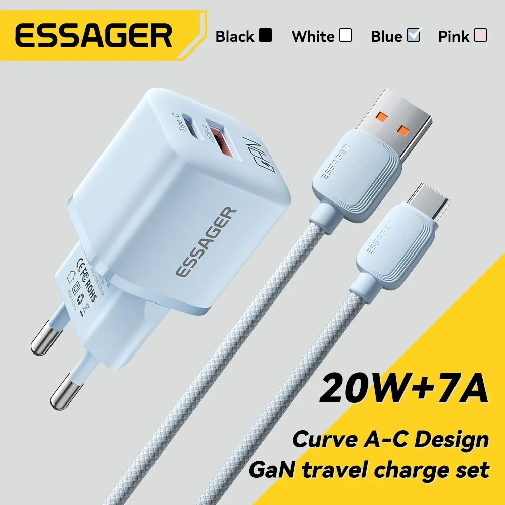 Essager GaN USB C타입 충전기, PD 고속 충전, QC 3.0, 아이폰 14, 13, 12, 11 프로 맥스, 미니, 아이패드 충전, 20W