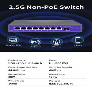 Hisource IP 카메라 및 CCTV 보안용 이더넷 스위치 없음, POE 네트워크 스위치, 1*10G SFP 포트, 4 8 포트, 2.5G