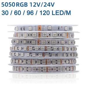 5m 12V 24V DC RGB LED 스트립, 30 개/m 60 개/m 96 개/m 120 개/m SMD 5050 플렉서블 LED 조명 테이프 8mm 10mm PCB 장식용