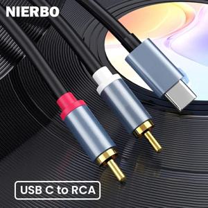 NIERBO USB C-2RCA 수 잭 플러그 어댑터, C타입-RCA 수-수 Y RCA 분배기, 자동차 보조 스테레오 스피커 앰프 코드