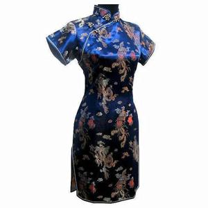 네이비 블루 빈티지 중국 여성 새틴 미니 치파오 드레스, S M L XL XXL XXXL 4XL 5XL 6XL Mujeres Vestido J4065