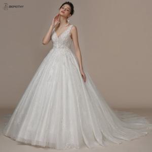 BEPEITHY 맞춤형 신부 럭셔리 브이 넥 크리스탈 웨딩 드레스 2023 코트 기차 구슬 절묘한 아이보리 신부 볼 가운 봄