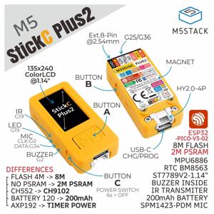 M5Stack 공식 M5StickC PLUS2 ESP32-PICO-V3-02 미니 IoT 개발 키트, 1.14 인치 TFT 스크린 IoT 컨트롤러, UIFlow