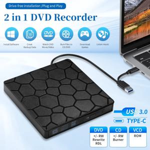 외장 DVD RW 드라이브, USB 3.0 C 타입, 2 in 1 인터페이스, 슬림 DVD CD 라이터, 버너 리더 플레이어, 노트북 PC용 광학 드라이브