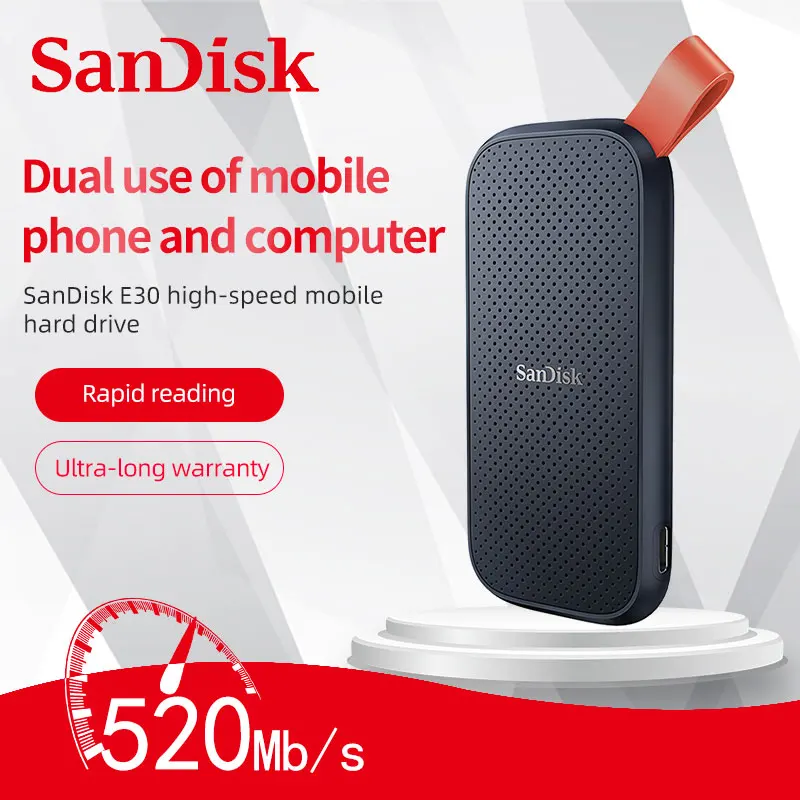 SanDisk 모바일 하드 디스크 HDD 저장 장치, 노트북 모바일 하드 디스크, SSD E30, 1TB, 480GB, 520M, USB 3.1, HD 2TB