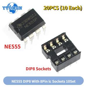 IC 555 타이머 프로그래밍 오실레이터 칩 및 8 핀 DIP 소켓 키트 (각 10 개), NE555 NE555P, 20 개