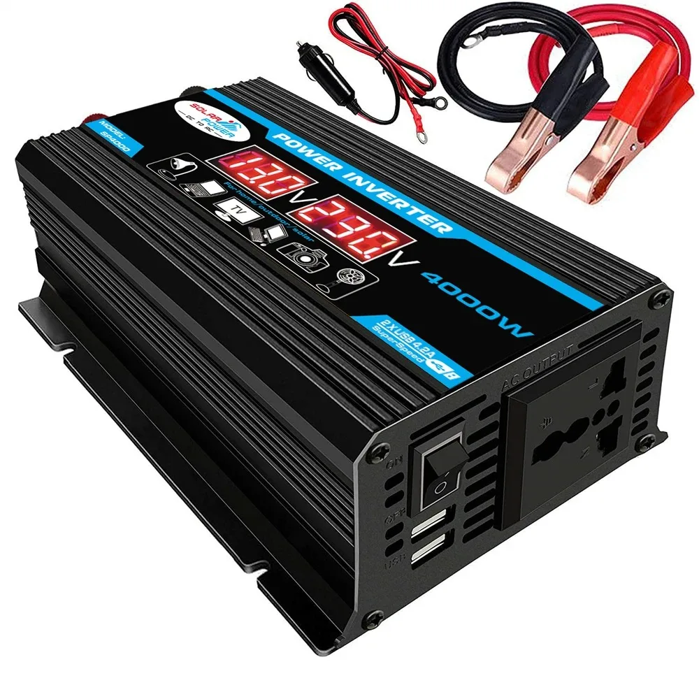 차량용 전원 인버터, LED 디스플레이, 4000W, 12V-220V, 110V 컨버터 충전기 어댑터, 다중 보호, 듀얼 USB 전압 변압기