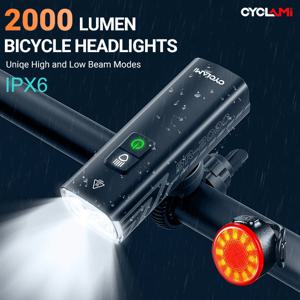 CYCLAMI 자전거 라이트 BR 2000 1200 루멘 LED 충전식 세트, 도로 MTB 자전거 프론트 백 헤드라이트 램프, 손전등 사이클링 라이트