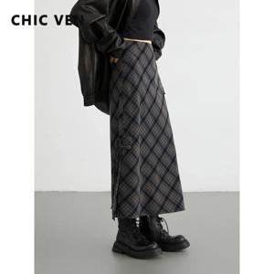 CHIC VEN 여성용 캐주얼 롱 스커트, 하이웨이스트 슬릿 체크무늬 하프 스커트, 스트레이트 튜브 스커트, 스위트 쿨 스타일, 용수철 가을, 2024 신상