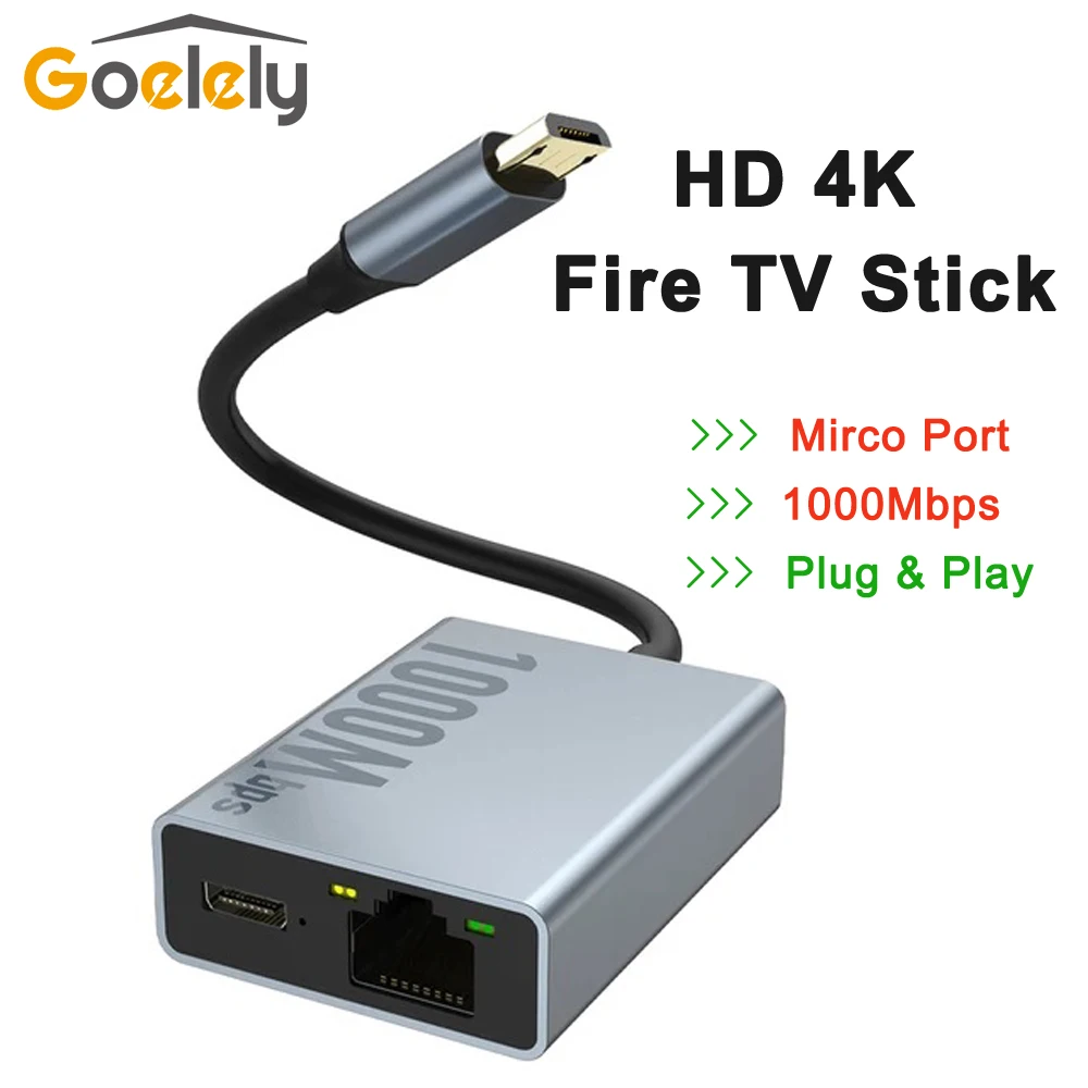 Goelely 외부 네트워크 카드, Mirco 포트 4K Fire TV 스틱, LED 디스플레이 플러그 앤 플레이, 스마트 TV용 이더넷 어댑터, RJ45, 100/1000Mbps